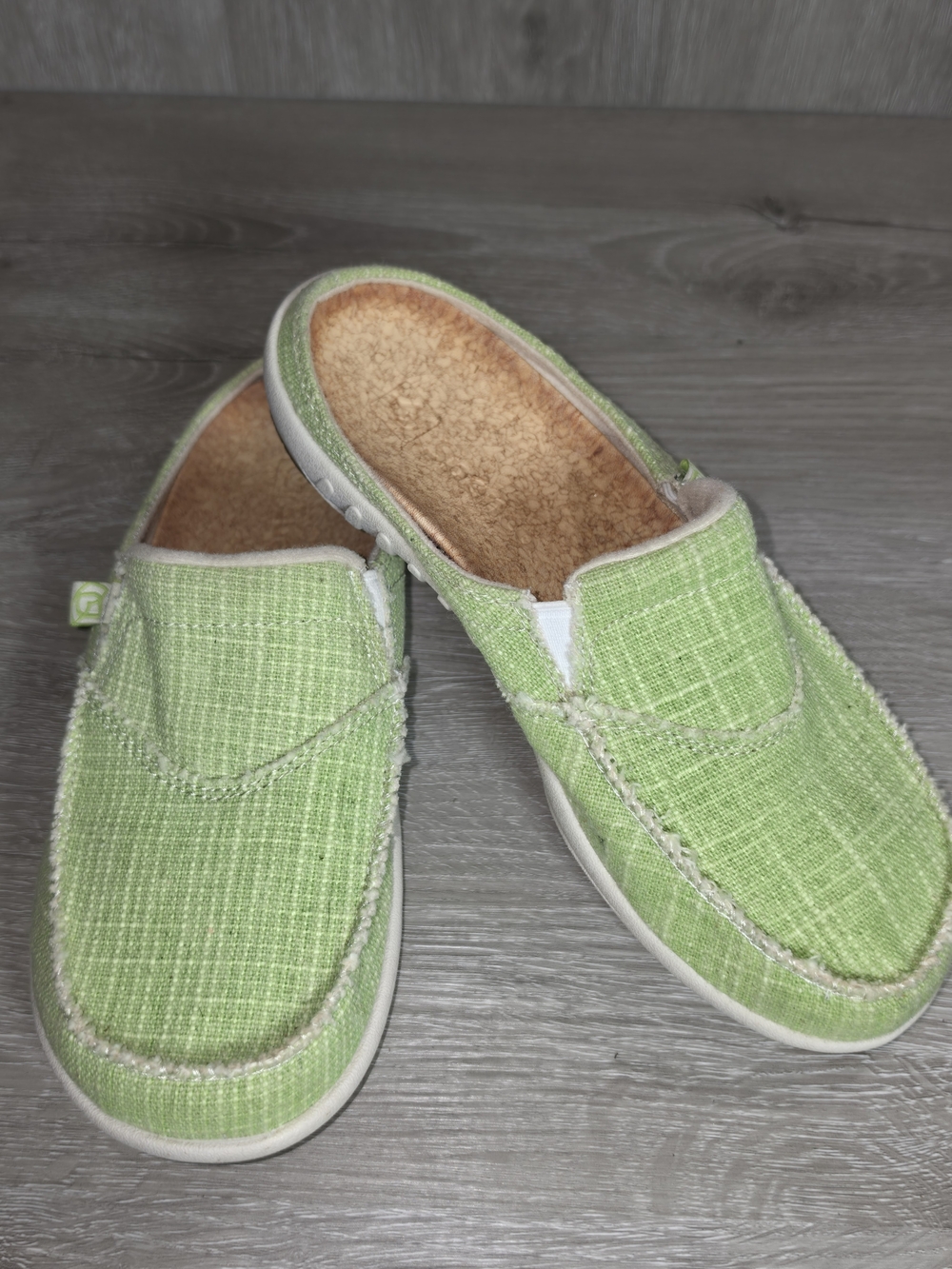Spenco Siesta Lime Green Canvas Slides Cork Supported Insoles Womens Size 7